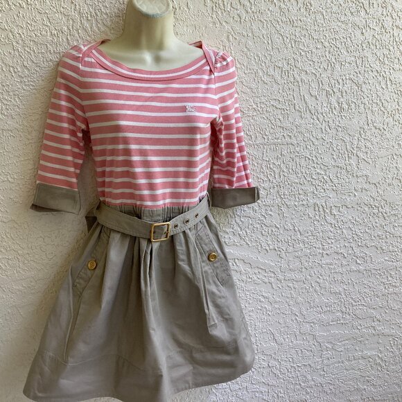 Burberry Dress Sz 36 Blue Label Multicolor Stripe Pleated Belted Authentic - Picture 1 of 11